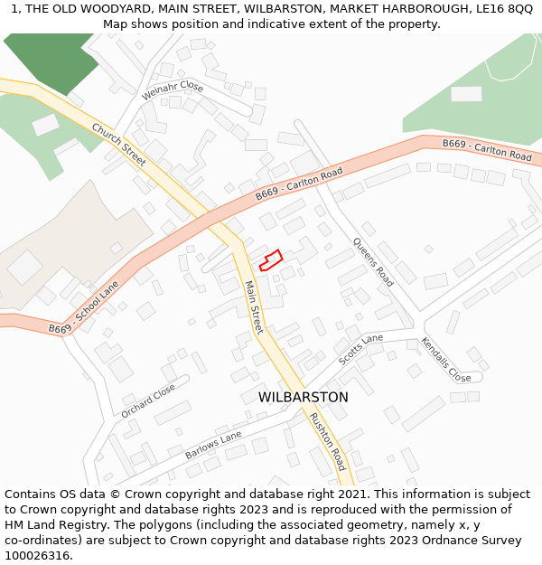 1, THE OLD WOODYARD, MAIN STREET, WILBARSTON, MARKET HARBOROUGH, LE16 8QQ: Location map and indicative extent of plot