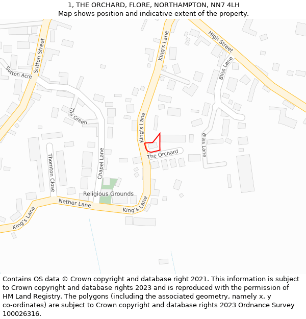 1, THE ORCHARD, FLORE, NORTHAMPTON, NN7 4LH: Location map and indicative extent of plot