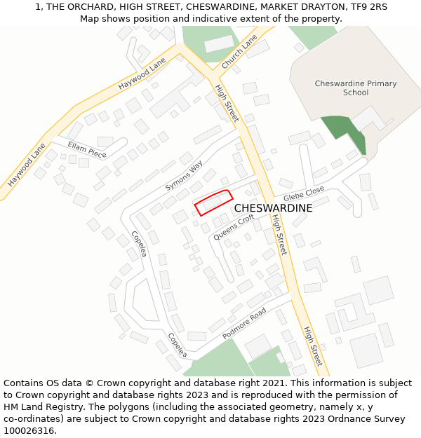 1, THE ORCHARD, HIGH STREET, CHESWARDINE, MARKET DRAYTON, TF9 2RS: Location map and indicative extent of plot