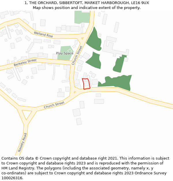 1, THE ORCHARD, SIBBERTOFT, MARKET HARBOROUGH, LE16 9UX: Location map and indicative extent of plot