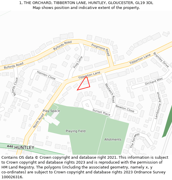 1, THE ORCHARD, TIBBERTON LANE, HUNTLEY, GLOUCESTER, GL19 3DL: Location map and indicative extent of plot