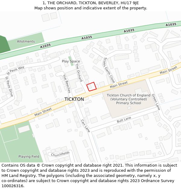 1, THE ORCHARD, TICKTON, BEVERLEY, HU17 9JE: Location map and indicative extent of plot