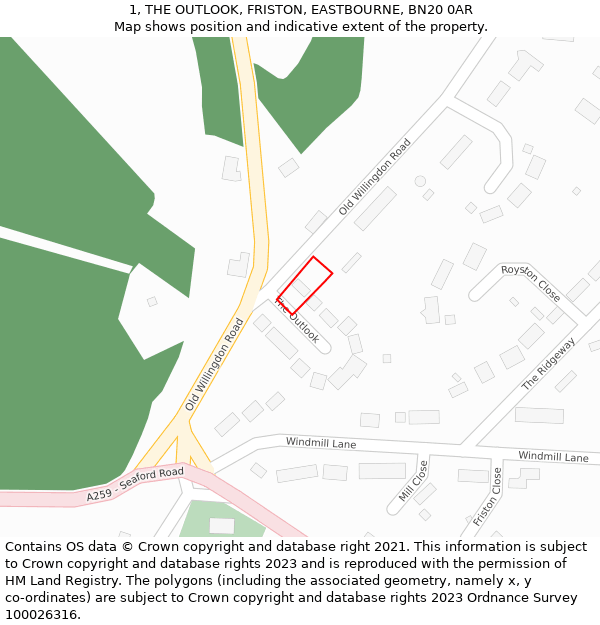 1, THE OUTLOOK, FRISTON, EASTBOURNE, BN20 0AR: Location map and indicative extent of plot