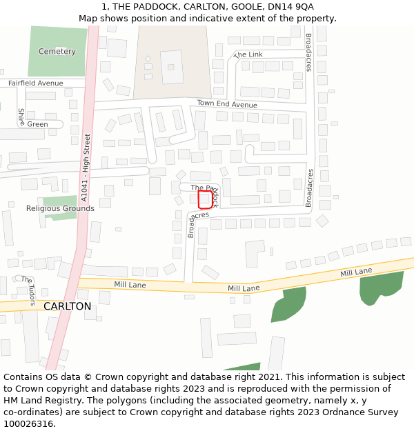 1, THE PADDOCK, CARLTON, GOOLE, DN14 9QA: Location map and indicative extent of plot