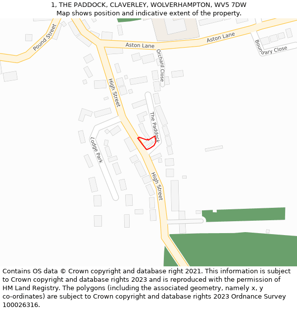 1, THE PADDOCK, CLAVERLEY, WOLVERHAMPTON, WV5 7DW: Location map and indicative extent of plot
