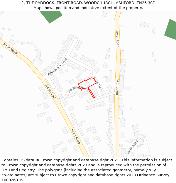 1, THE PADDOCK, FRONT ROAD, WOODCHURCH, ASHFORD, TN26 3SF: Location map and indicative extent of plot