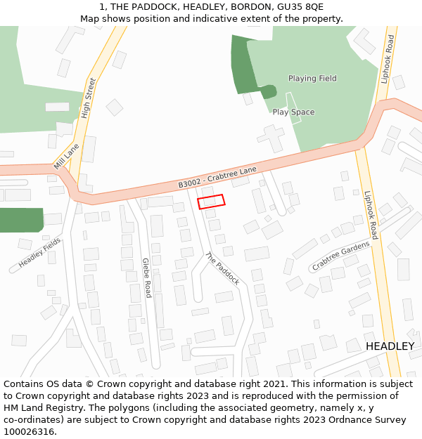1, THE PADDOCK, HEADLEY, BORDON, GU35 8QE: Location map and indicative extent of plot