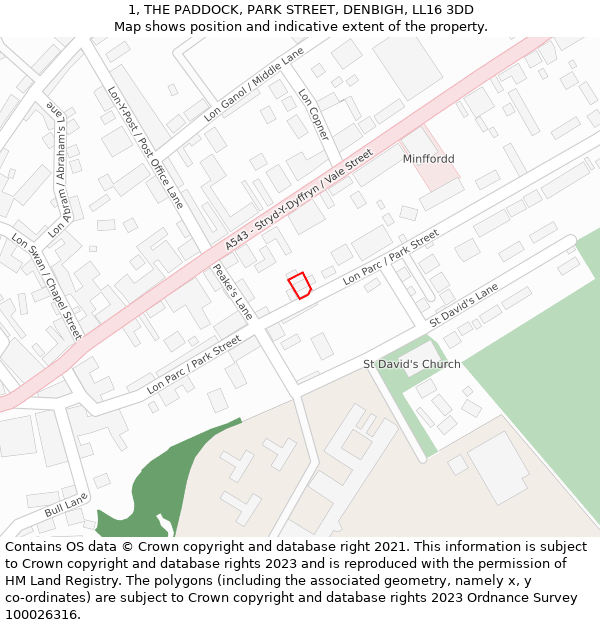 1, THE PADDOCK, PARK STREET, DENBIGH, LL16 3DD: Location map and indicative extent of plot