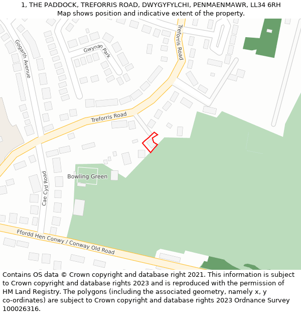 1, THE PADDOCK, TREFORRIS ROAD, DWYGYFYLCHI, PENMAENMAWR, LL34 6RH: Location map and indicative extent of plot