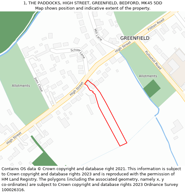 1, THE PADDOCKS, HIGH STREET, GREENFIELD, BEDFORD, MK45 5DD: Location map and indicative extent of plot