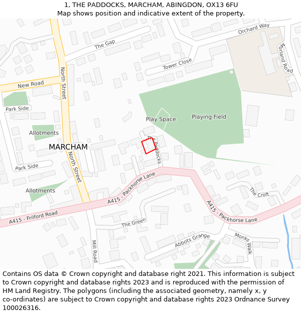 1, THE PADDOCKS, MARCHAM, ABINGDON, OX13 6FU: Location map and indicative extent of plot