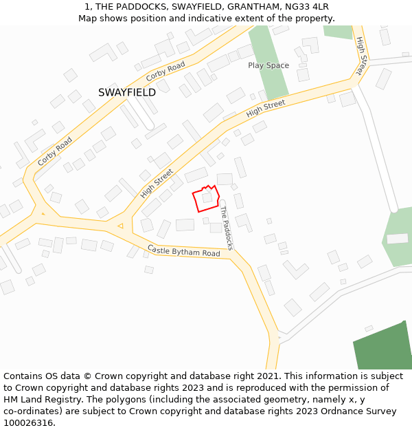 1, THE PADDOCKS, SWAYFIELD, GRANTHAM, NG33 4LR: Location map and indicative extent of plot
