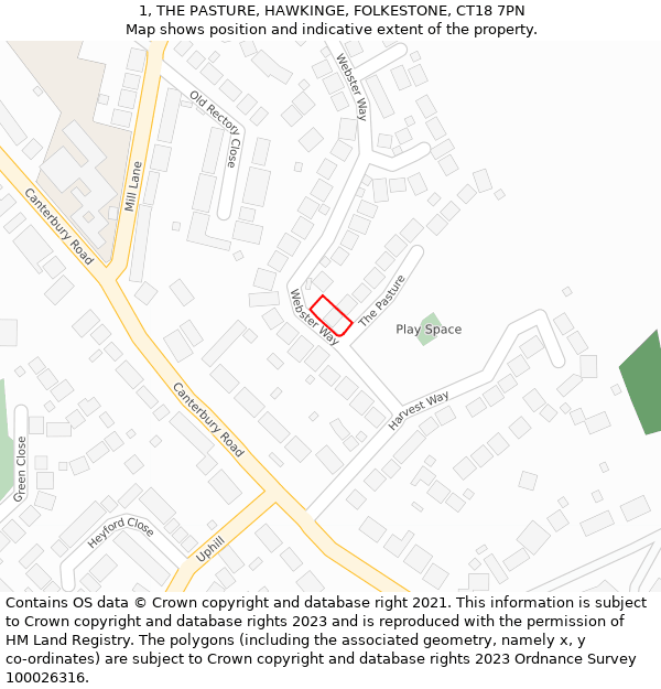 1, THE PASTURE, HAWKINGE, FOLKESTONE, CT18 7PN: Location map and indicative extent of plot