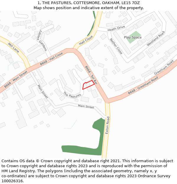 1, THE PASTURES, COTTESMORE, OAKHAM, LE15 7DZ: Location map and indicative extent of plot