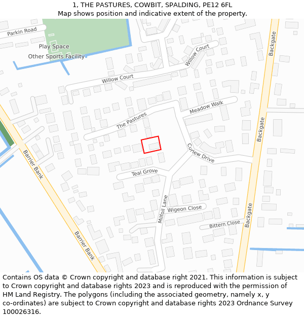 1, THE PASTURES, COWBIT, SPALDING, PE12 6FL: Location map and indicative extent of plot