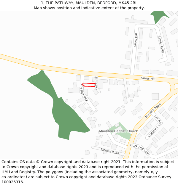 1, THE PATHWAY, MAULDEN, BEDFORD, MK45 2BL: Location map and indicative extent of plot