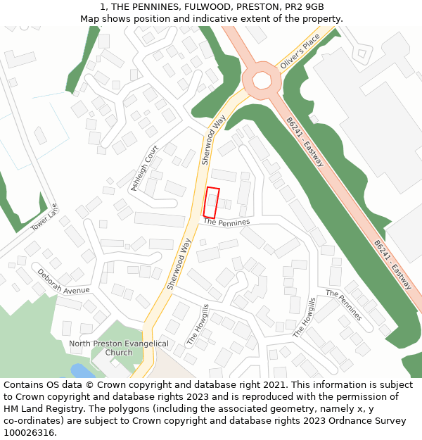 1, THE PENNINES, FULWOOD, PRESTON, PR2 9GB: Location map and indicative extent of plot