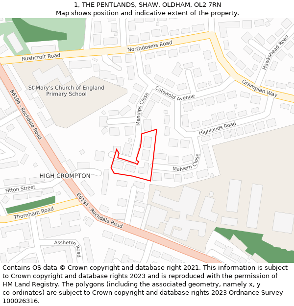 1, THE PENTLANDS, SHAW, OLDHAM, OL2 7RN: Location map and indicative extent of plot