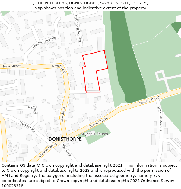 1, THE PETERLEAS, DONISTHORPE, SWADLINCOTE, DE12 7QL: Location map and indicative extent of plot