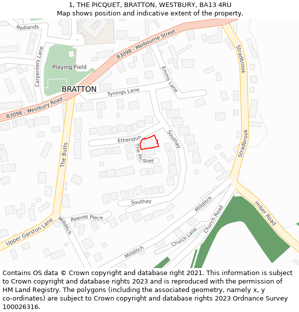 1, THE PICQUET, BRATTON, WESTBURY, BA13 4RU: Location map and indicative extent of plot