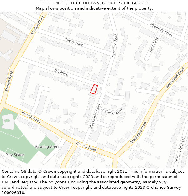 1, THE PIECE, CHURCHDOWN, GLOUCESTER, GL3 2EX: Location map and indicative extent of plot