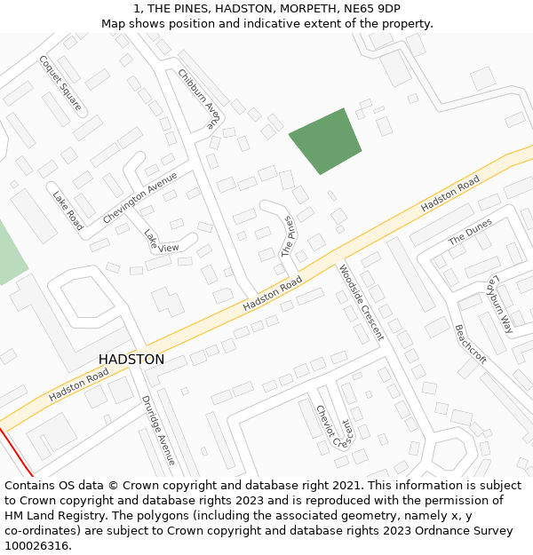 1, THE PINES, HADSTON, MORPETH, NE65 9DP: Location map and indicative extent of plot