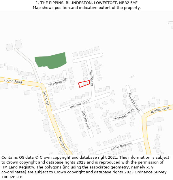 1, THE PIPPINS, BLUNDESTON, LOWESTOFT, NR32 5AE: Location map and indicative extent of plot