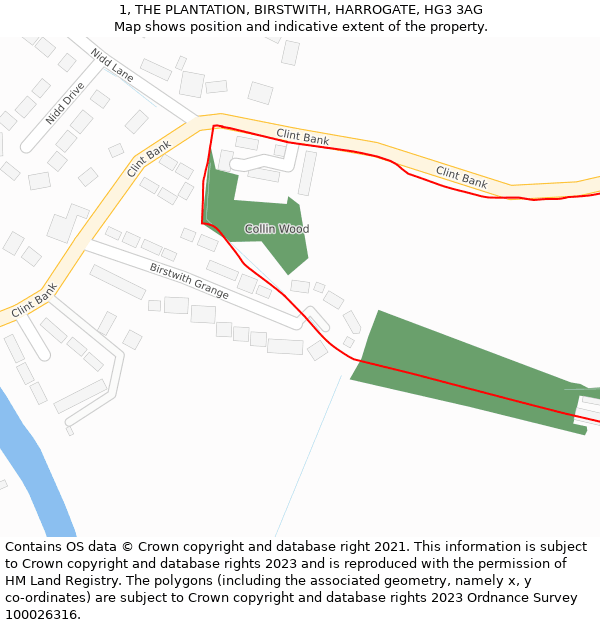 1, THE PLANTATION, BIRSTWITH, HARROGATE, HG3 3AG: Location map and indicative extent of plot