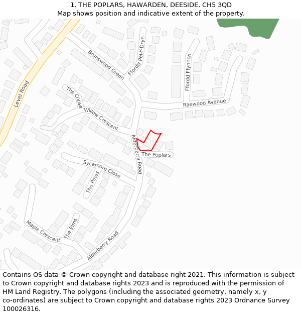 1, THE POPLARS, HAWARDEN, DEESIDE, CH5 3QD: Location map and indicative extent of plot