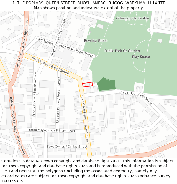 1, THE POPLARS, QUEEN STREET, RHOSLLANERCHRUGOG, WREXHAM, LL14 1TE: Location map and indicative extent of plot