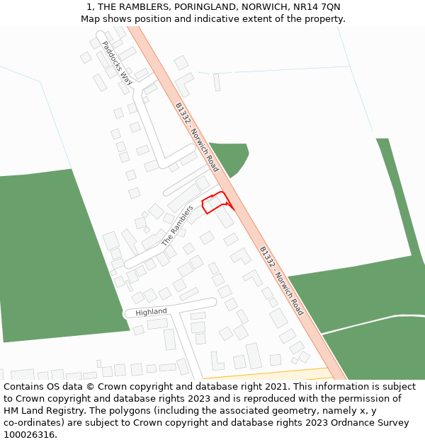 1, THE RAMBLERS, PORINGLAND, NORWICH, NR14 7QN: Location map and indicative extent of plot