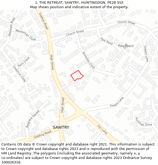 1, THE RETREAT, SAWTRY, HUNTINGDON, PE28 5SX: Location map and indicative extent of plot