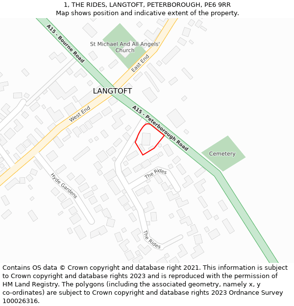 1, THE RIDES, LANGTOFT, PETERBOROUGH, PE6 9RR: Location map and indicative extent of plot