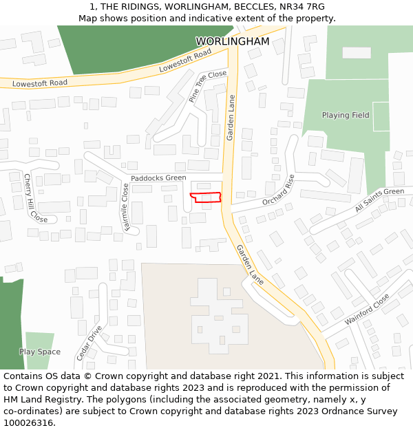 1, THE RIDINGS, WORLINGHAM, BECCLES, NR34 7RG: Location map and indicative extent of plot