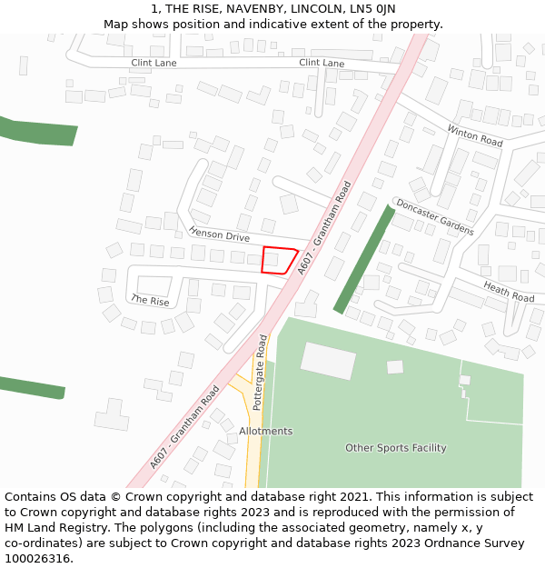 1, THE RISE, NAVENBY, LINCOLN, LN5 0JN: Location map and indicative extent of plot