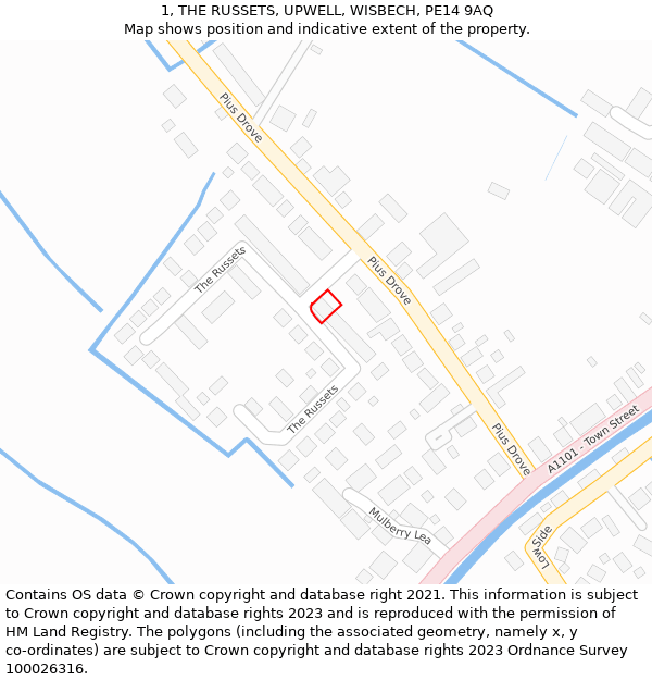 1, THE RUSSETS, UPWELL, WISBECH, PE14 9AQ: Location map and indicative extent of plot