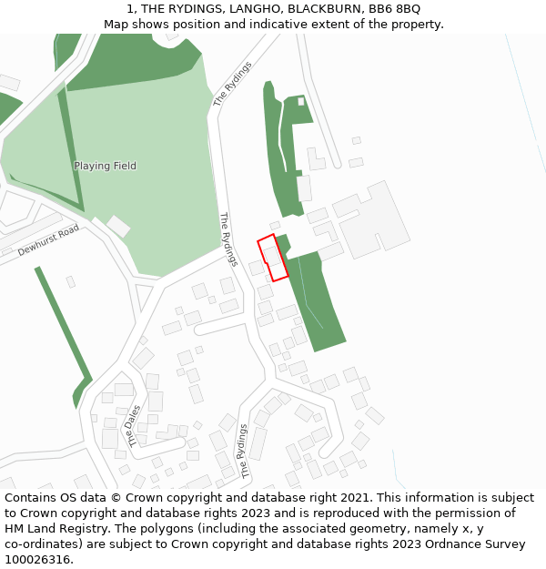 1, THE RYDINGS, LANGHO, BLACKBURN, BB6 8BQ: Location map and indicative extent of plot