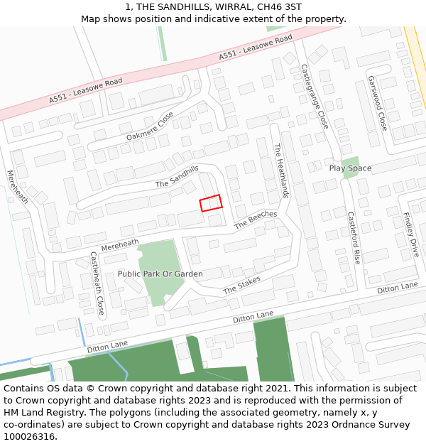 1, THE SANDHILLS, WIRRAL, CH46 3ST: Location map and indicative extent of plot