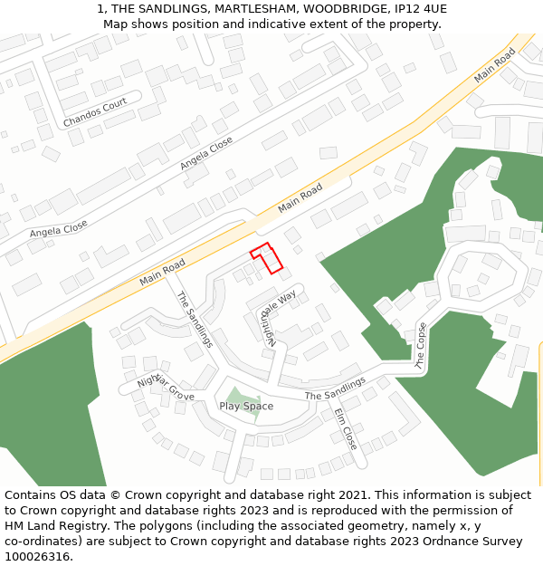 1, THE SANDLINGS, MARTLESHAM, WOODBRIDGE, IP12 4UE: Location map and indicative extent of plot