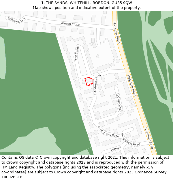 1, THE SANDS, WHITEHILL, BORDON, GU35 9QW: Location map and indicative extent of plot