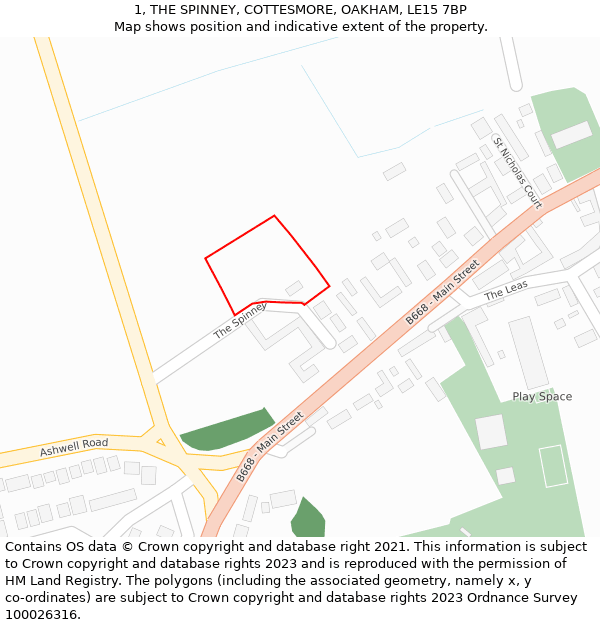 1, THE SPINNEY, COTTESMORE, OAKHAM, LE15 7BP: Location map and indicative extent of plot
