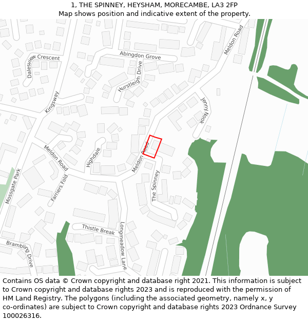 1, THE SPINNEY, HEYSHAM, MORECAMBE, LA3 2FP: Location map and indicative extent of plot