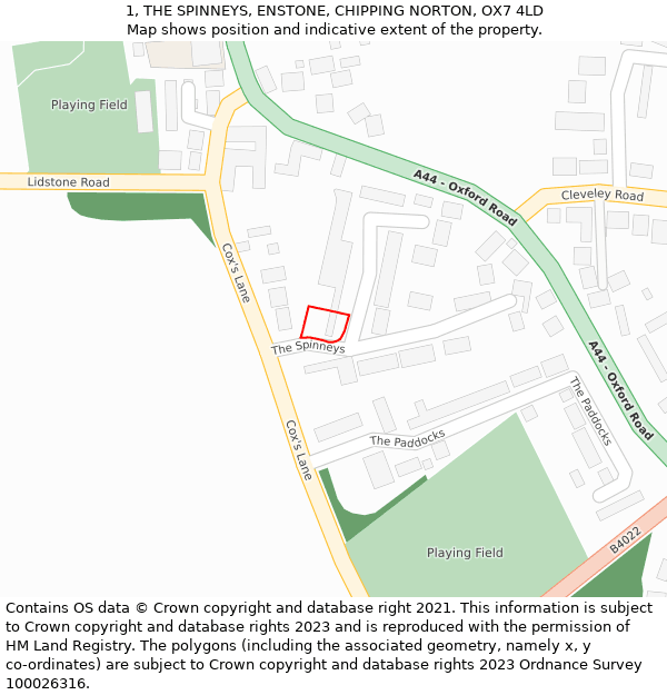 1, THE SPINNEYS, ENSTONE, CHIPPING NORTON, OX7 4LD: Location map and indicative extent of plot