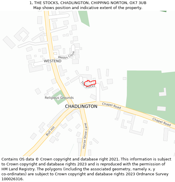 1, THE STOCKS, CHADLINGTON, CHIPPING NORTON, OX7 3UB: Location map and indicative extent of plot