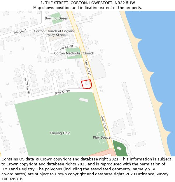 1, THE STREET, CORTON, LOWESTOFT, NR32 5HW: Location map and indicative extent of plot