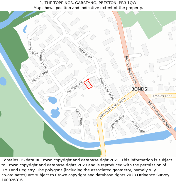 1, THE TOPPINGS, GARSTANG, PRESTON, PR3 1QW: Location map and indicative extent of plot
