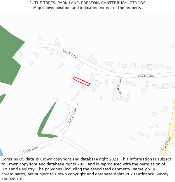 1, THE TREES, PARK LANE, PRESTON, CANTERBURY, CT3 1DS: Location map and indicative extent of plot