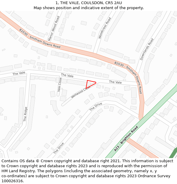 1, THE VALE, COULSDON, CR5 2AU: Location map and indicative extent of plot