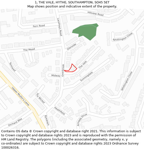 1, THE VALE, HYTHE, SOUTHAMPTON, SO45 5ET: Location map and indicative extent of plot