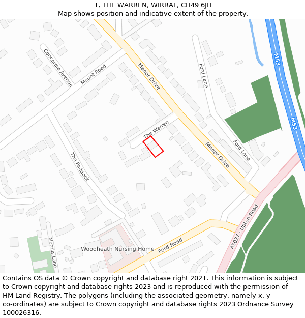 1, THE WARREN, WIRRAL, CH49 6JH: Location map and indicative extent of plot